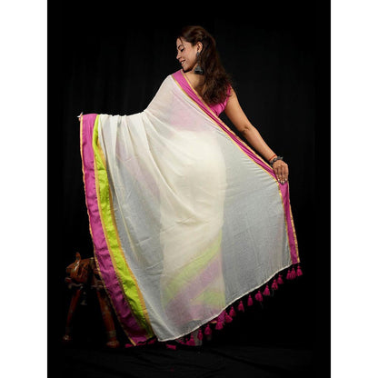 Isadora Life White Stripes Pre-Draped Saree with Unstitched Blouse