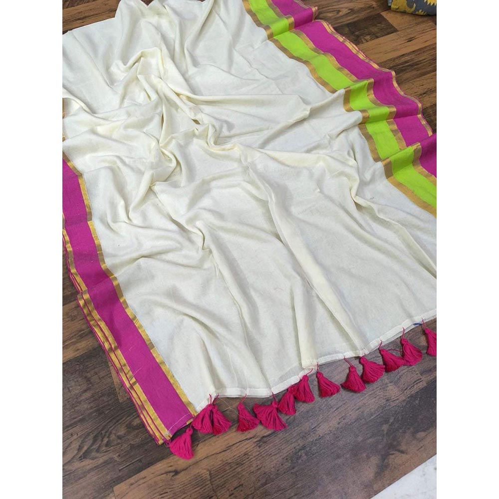 Isadora Life White Stripes Pre-Draped Saree with Unstitched Blouse