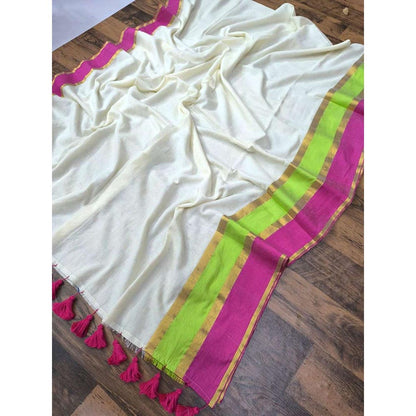 Isadora Life White Stripes Pre-Draped Saree with Unstitched Blouse