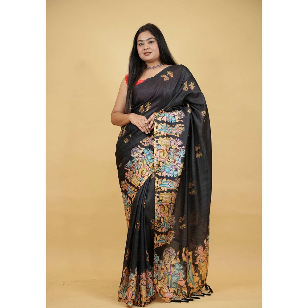 Isadora Life Black Printed Pre-Draped Saree with Unstitched Blouse