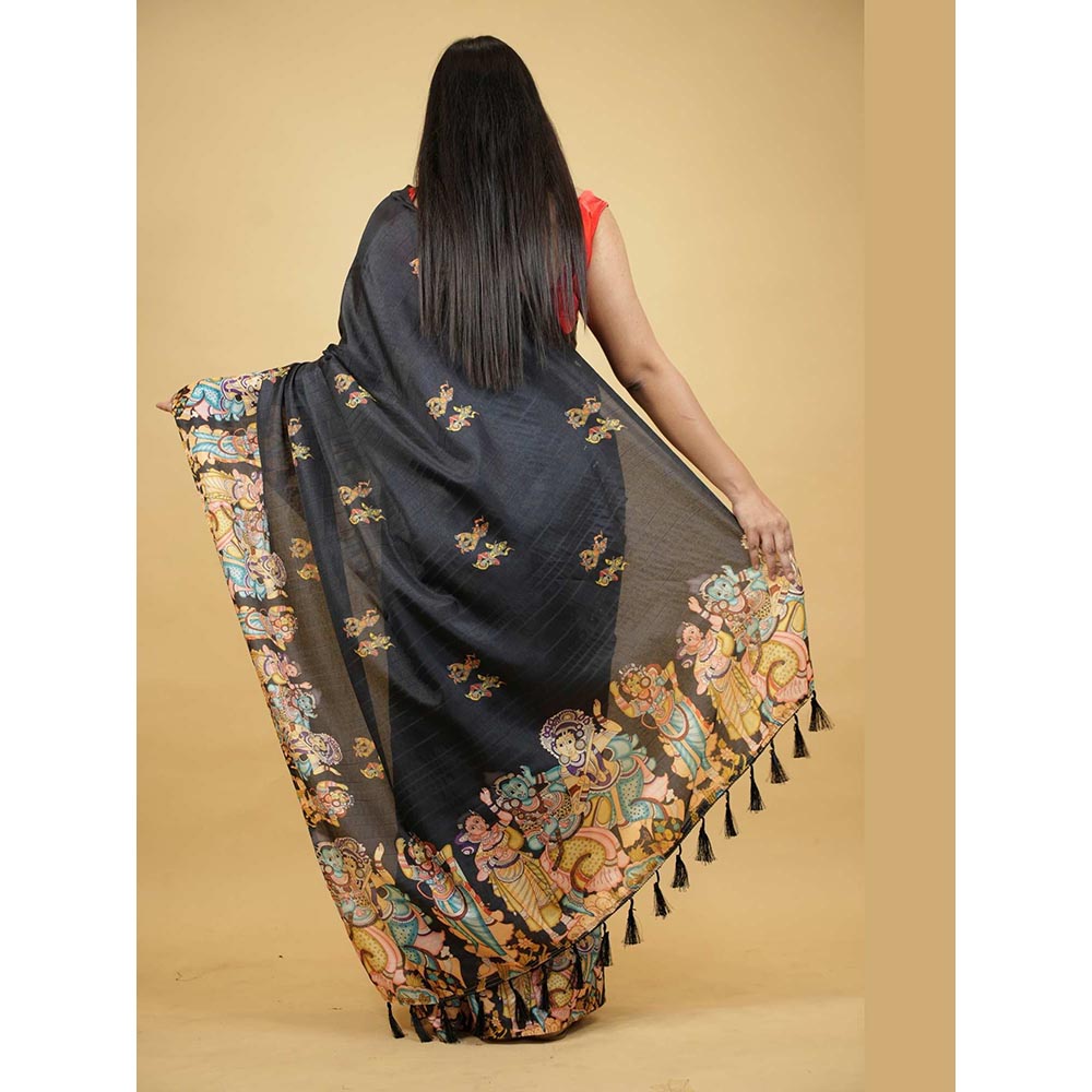 Isadora Life Black Printed Pre-Draped Saree with Unstitched Blouse