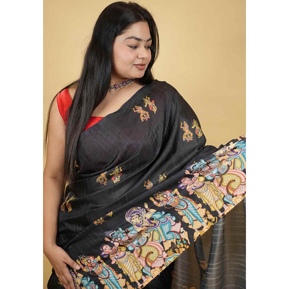 Isadora Life Black Printed Pre-Draped Saree with Unstitched Blouse