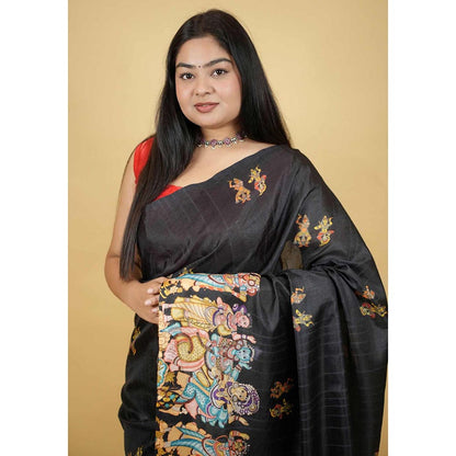Isadora Life Black Printed Pre-Draped Saree with Unstitched Blouse