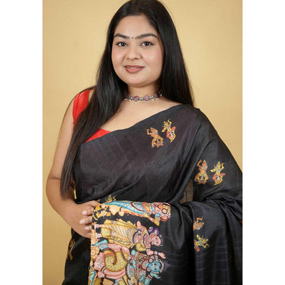 Isadora Life Black Printed Pre-Draped Saree with Unstitched Blouse