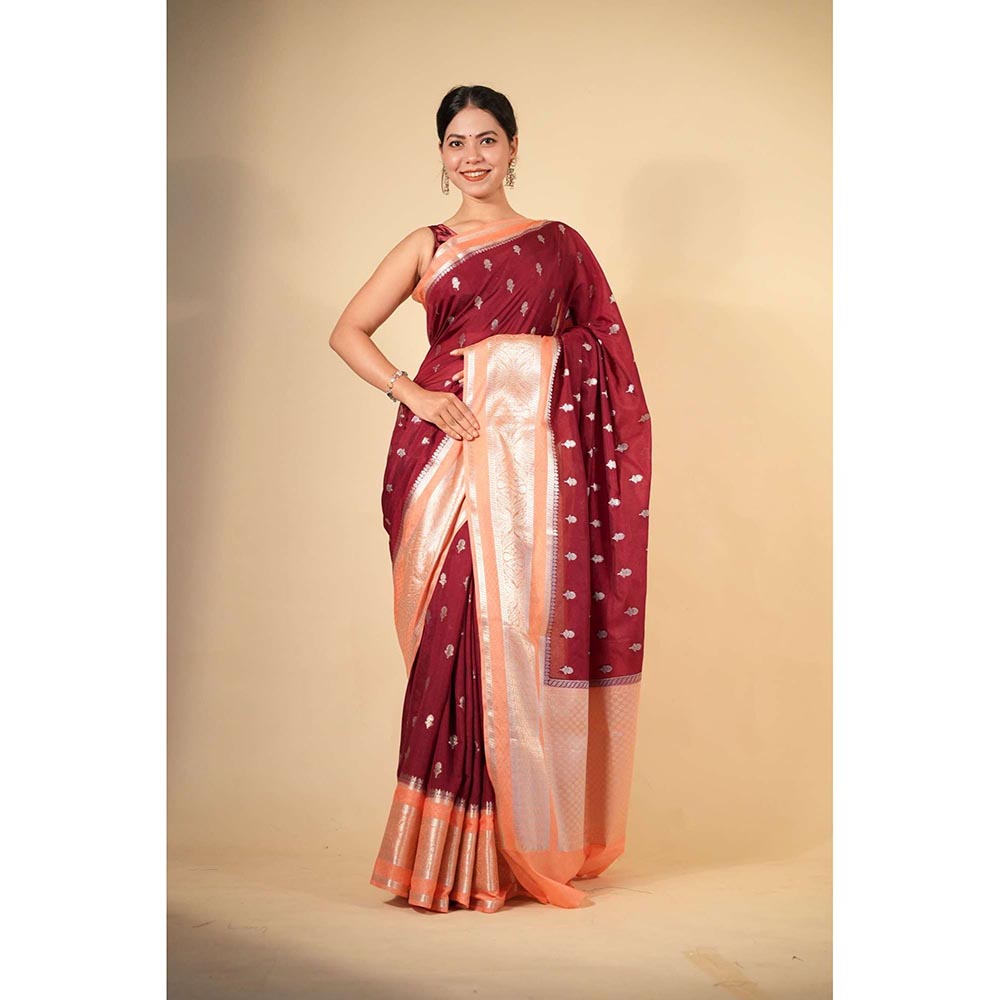 Isadora Life Red Woven Pre-Draped Saree with Unstitched Blouse