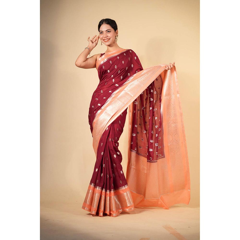 Isadora Life Red Woven Pre-Draped Saree with Unstitched Blouse