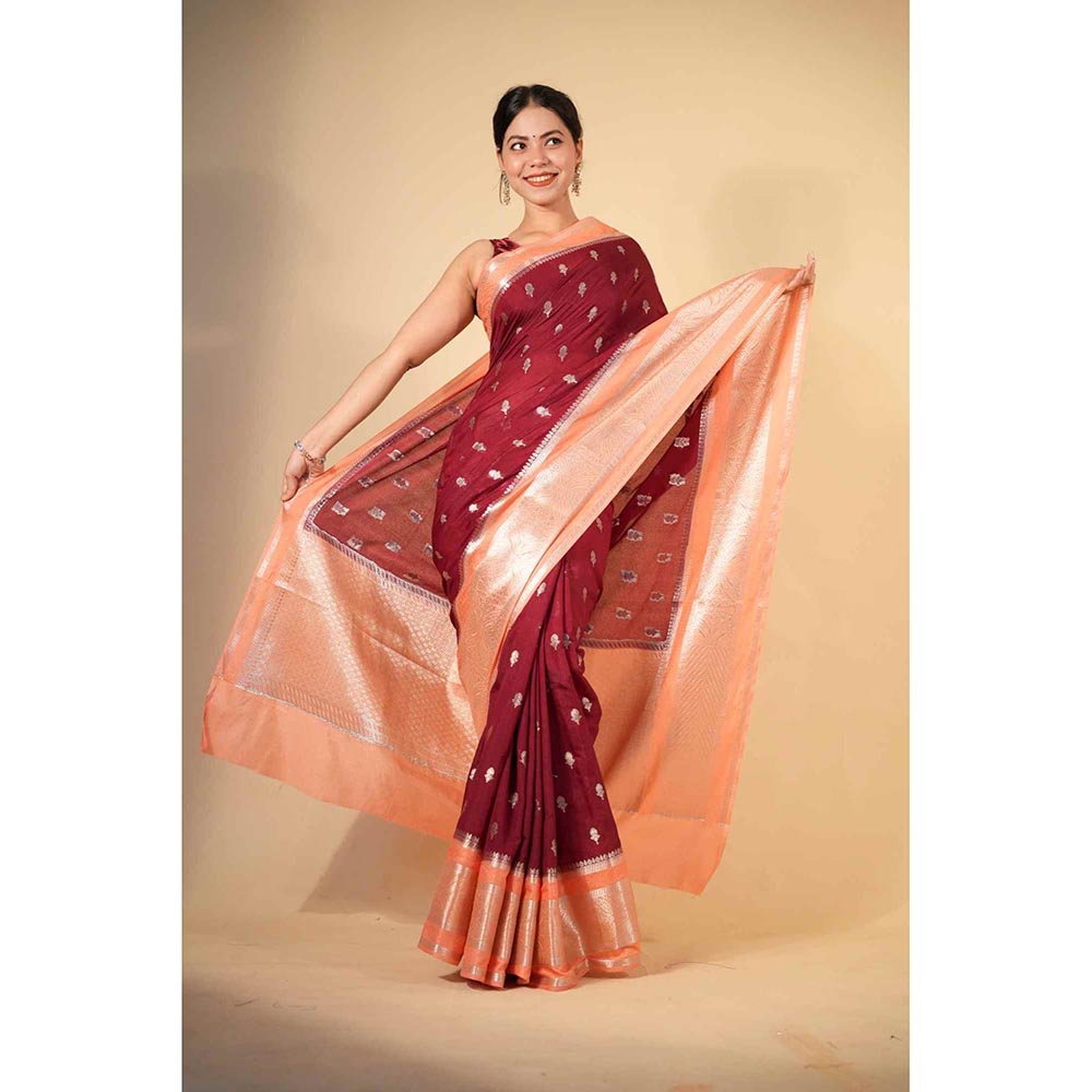 Isadora Life Red Woven Pre-Draped Saree with Unstitched Blouse