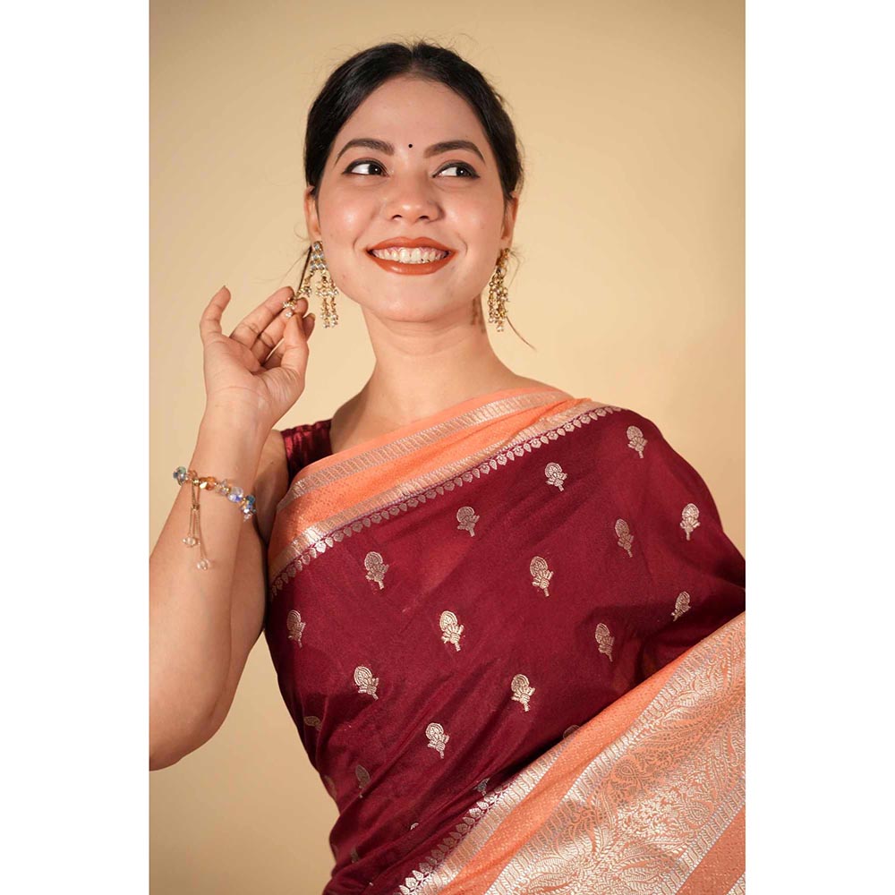 Isadora Life Red Woven Pre-Draped Saree with Unstitched Blouse