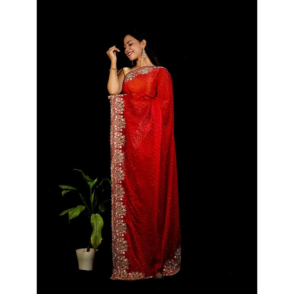 Isadora Life Red Embroidered Pre-Draped Saree with Unstitched Blouse