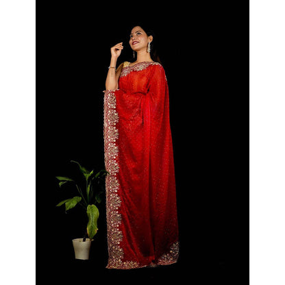 Isadora Life Red Embroidered Pre-Draped Saree with Unstitched Blouse