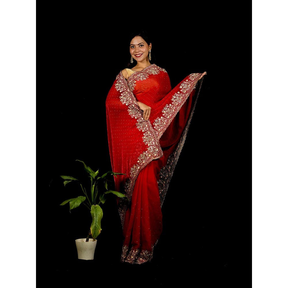 Isadora Life Red Embroidered Pre-Draped Saree with Unstitched Blouse