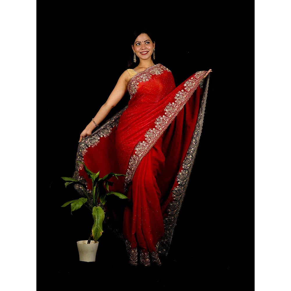 Isadora Life Red Embroidered Pre-Draped Saree with Unstitched Blouse