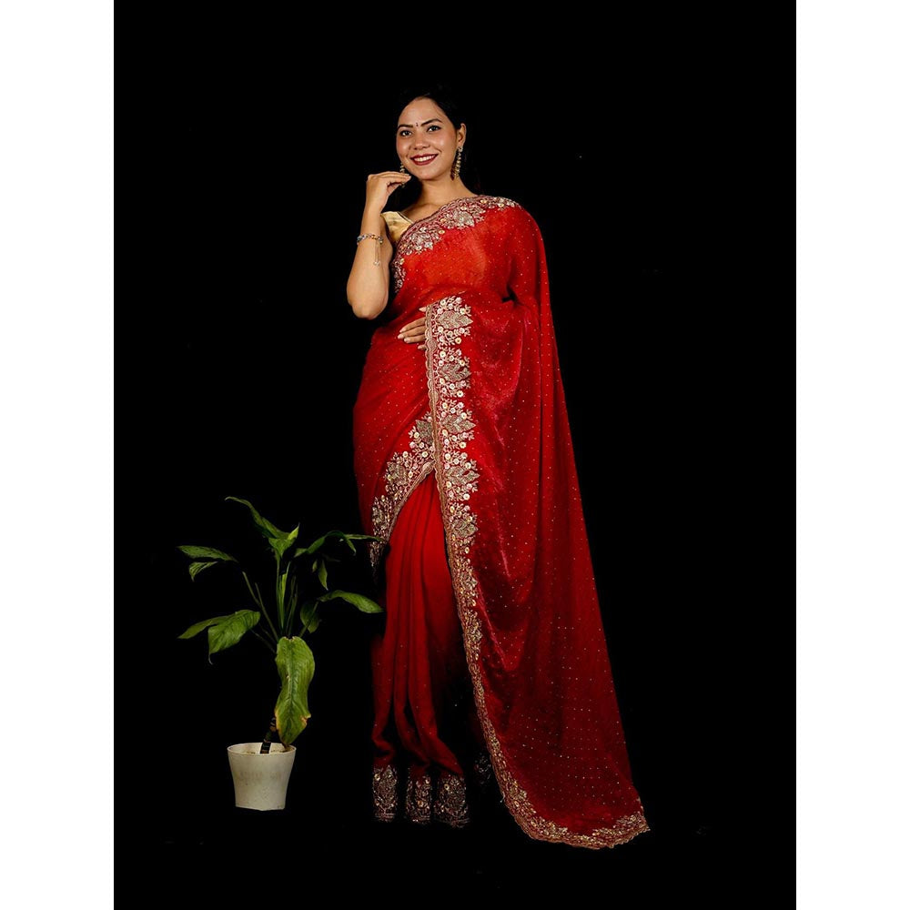Isadora Life Red Embroidered Pre-Draped Saree with Unstitched Blouse