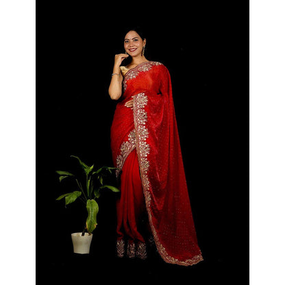 Isadora Life Red Embroidered Pre-Draped Saree with Unstitched Blouse