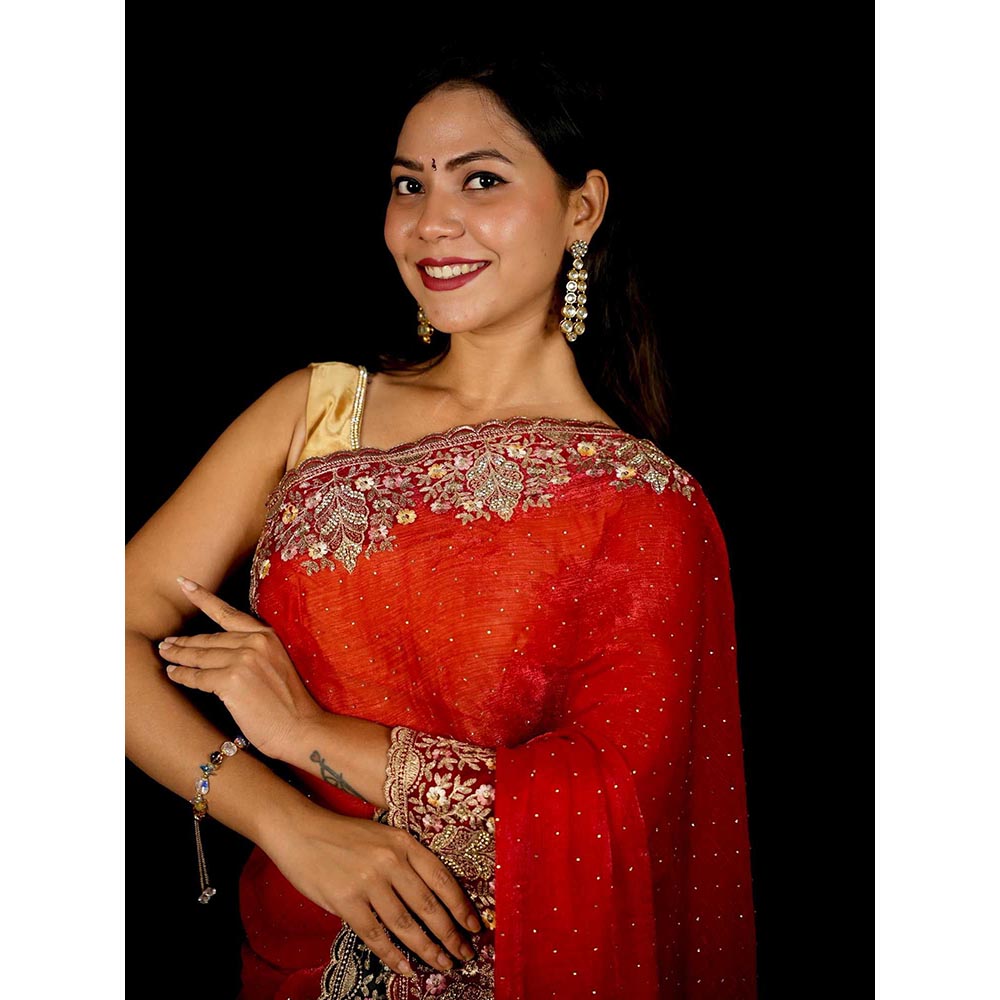 Isadora Life Red Embroidered Pre-Draped Saree with Unstitched Blouse