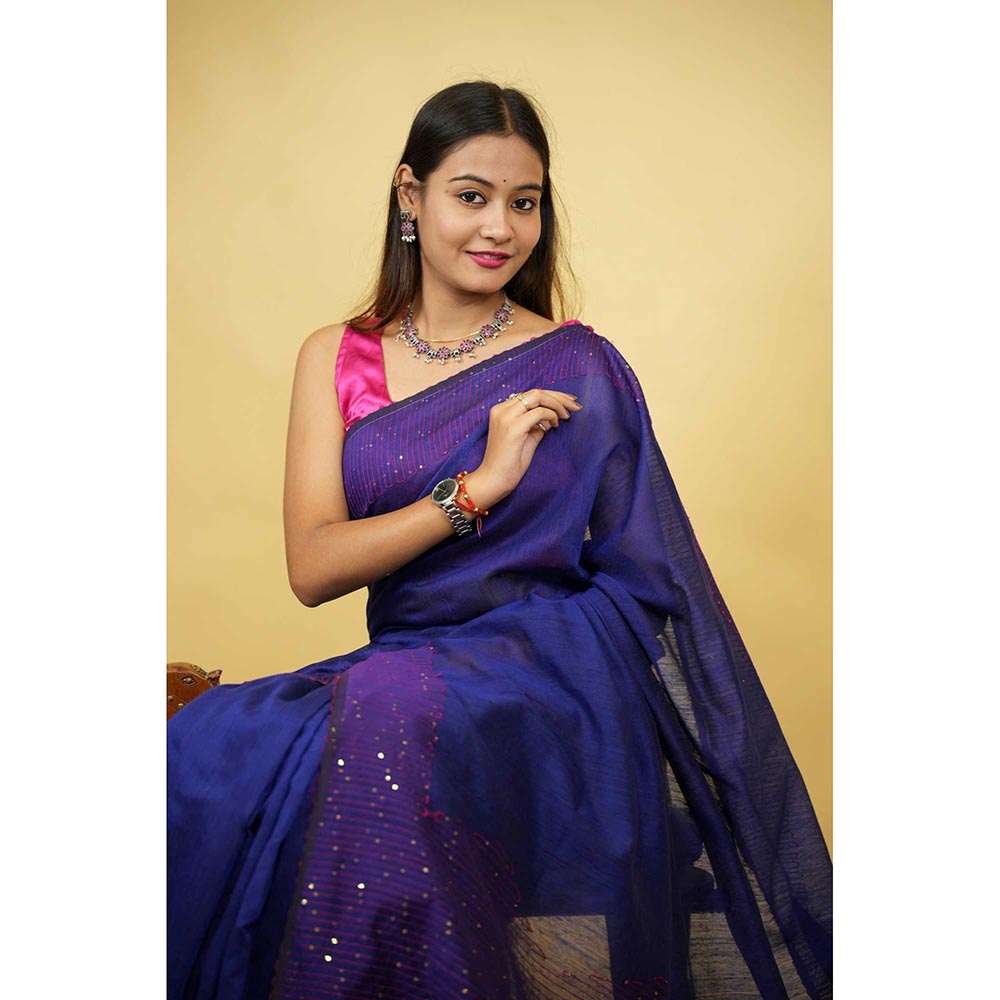 Isadora Life Blue Embellished/Sequined Pre-Draped Saree with Unstitched Blouse