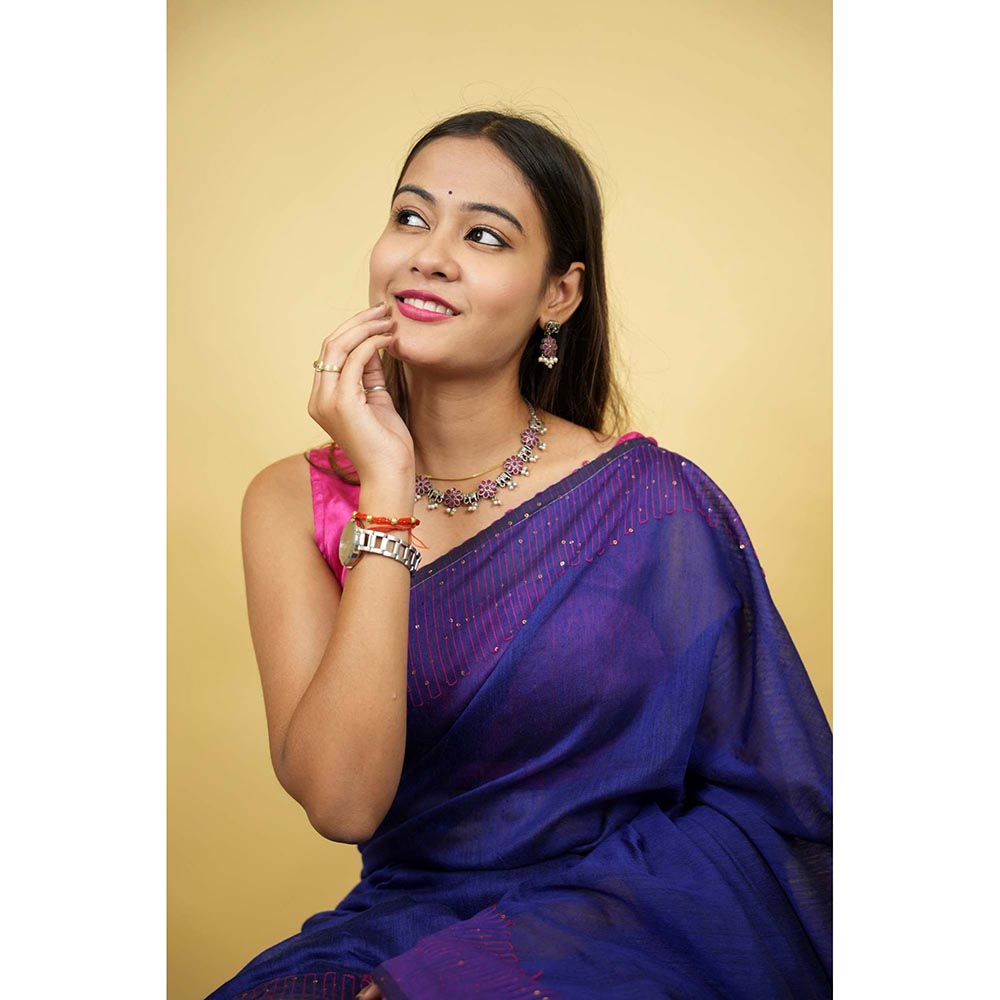 Isadora Life Blue Embellished/Sequined Pre-Draped Saree with Unstitched Blouse