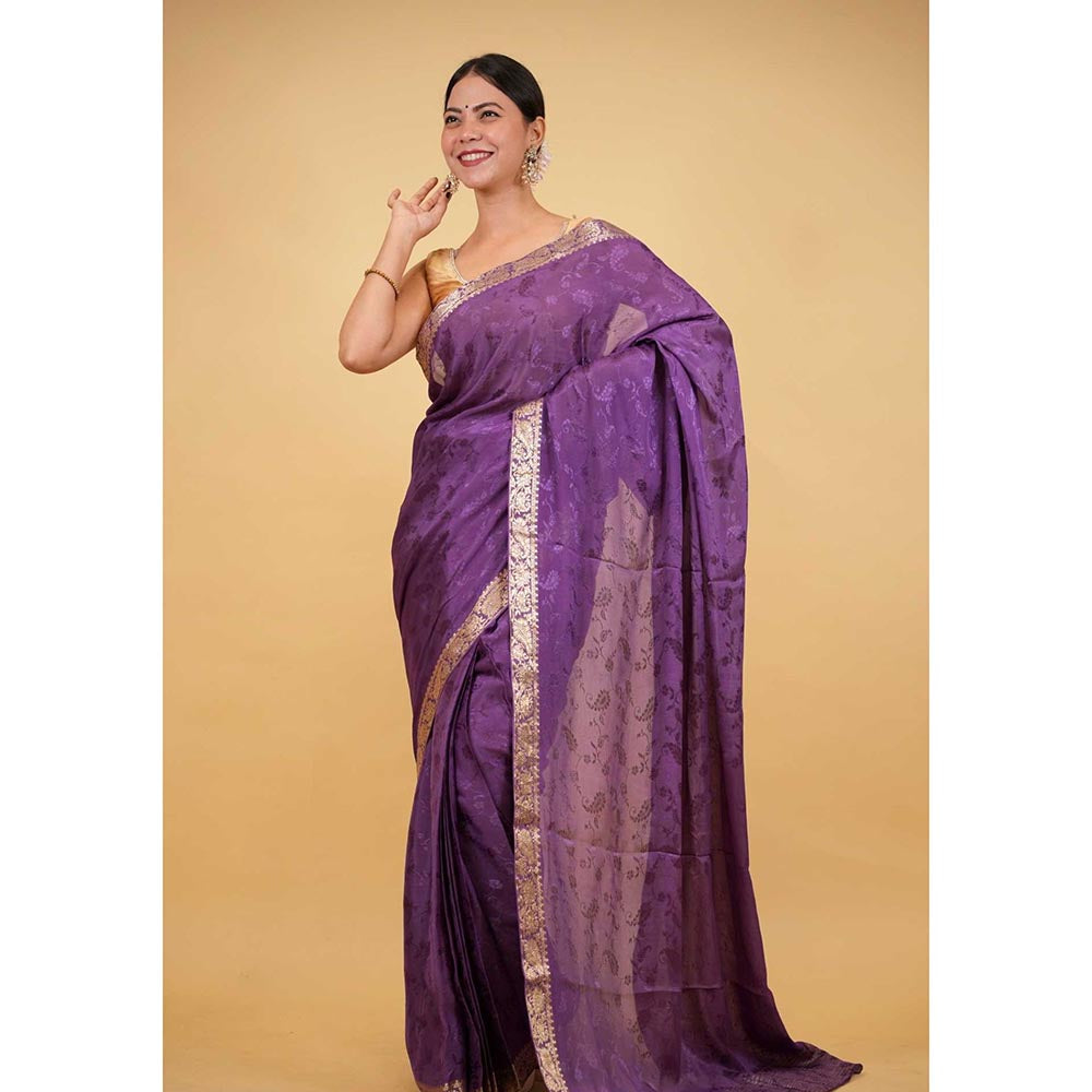 Isadora Life Purple Woven Pre-Draped Saree with Unstitched Blouse