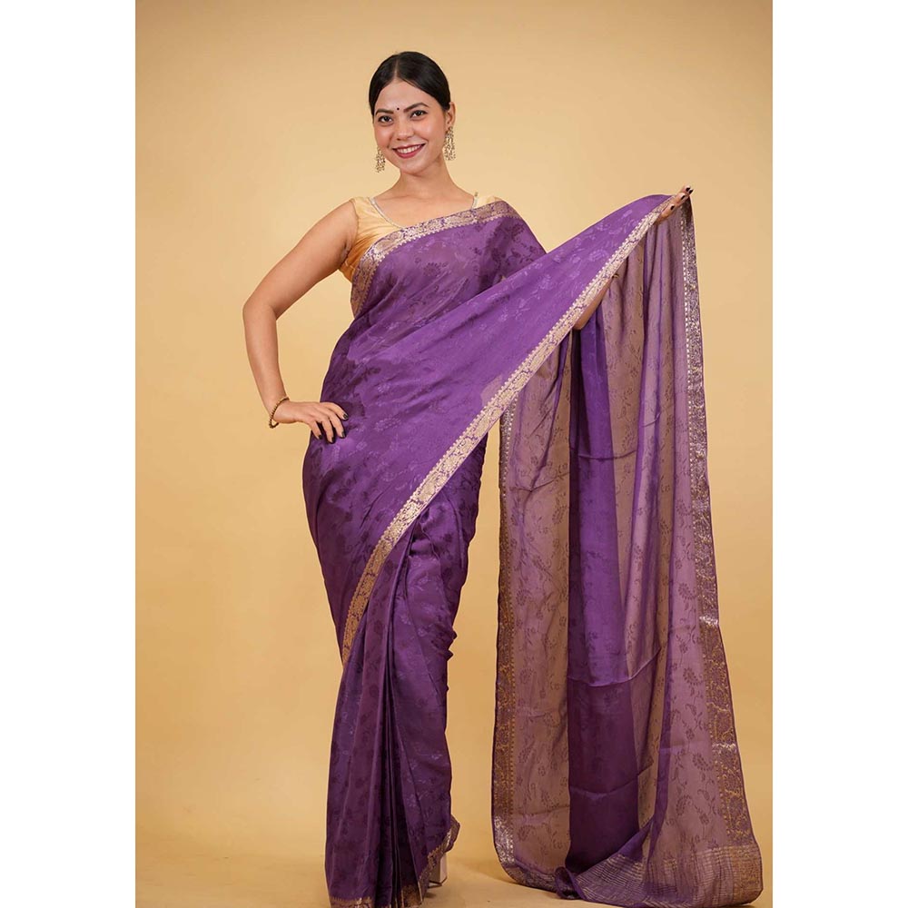 Isadora Life Purple Woven Pre-Draped Saree with Unstitched Blouse