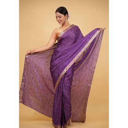 Isadora Life Purple Woven Pre-Draped Saree with Unstitched Blouse