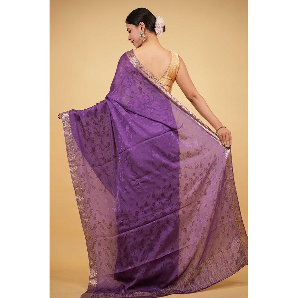 Isadora Life Purple Woven Pre-Draped Saree with Unstitched Blouse
