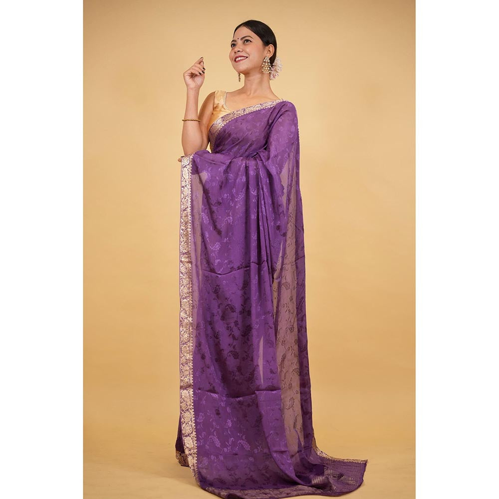 Isadora Life Purple Woven Pre-Draped Saree with Unstitched Blouse