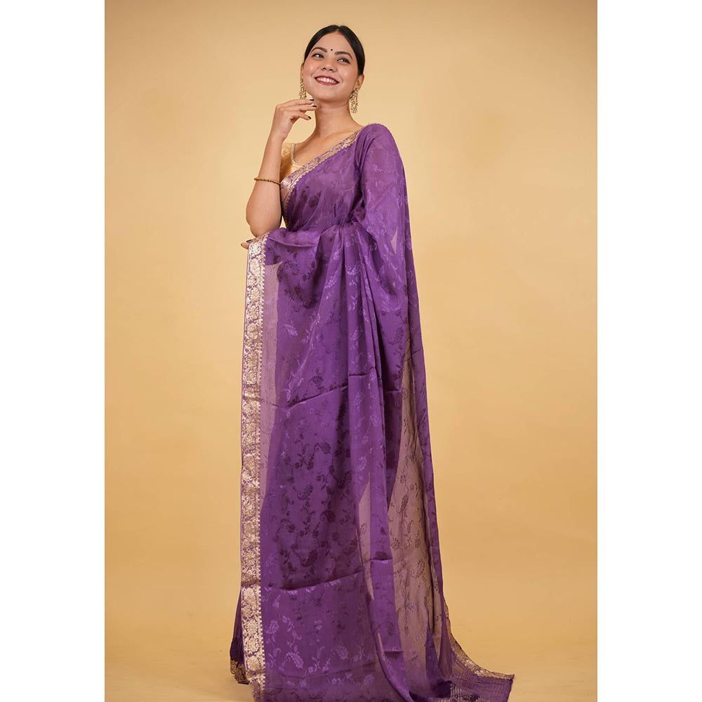 Isadora Life Purple Woven Pre-Draped Saree with Unstitched Blouse