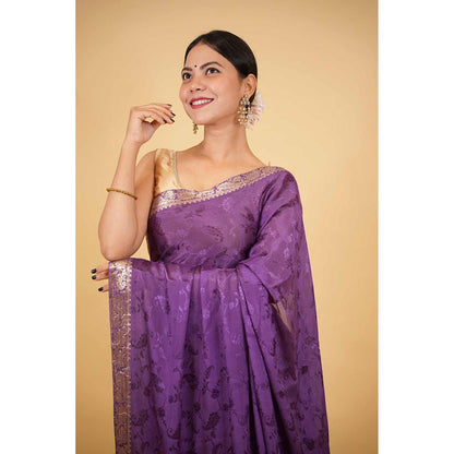Isadora Life Purple Woven Pre-Draped Saree with Unstitched Blouse