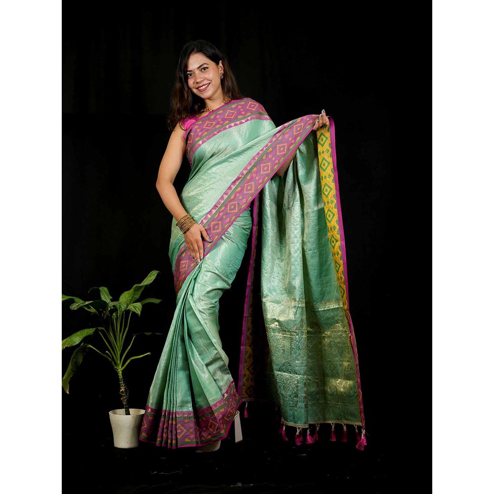 Isadora Life Green Self Design Pre-Draped Saree with Unstitched Blouse