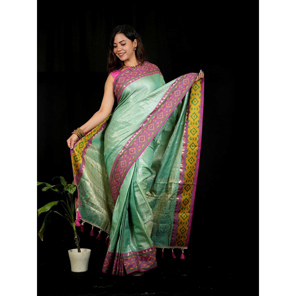 Isadora Life Green Self Design Pre-Draped Saree with Unstitched Blouse