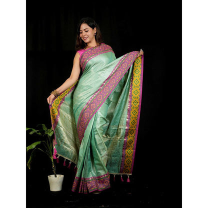Isadora Life Green Self Design Pre-Draped Saree with Unstitched Blouse