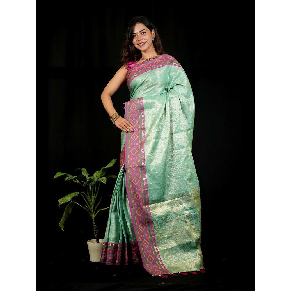 Isadora Life Green Self Design Pre-Draped Saree with Unstitched Blouse