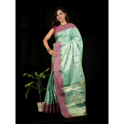 Isadora Life Green Self Design Pre-Draped Saree with Unstitched Blouse