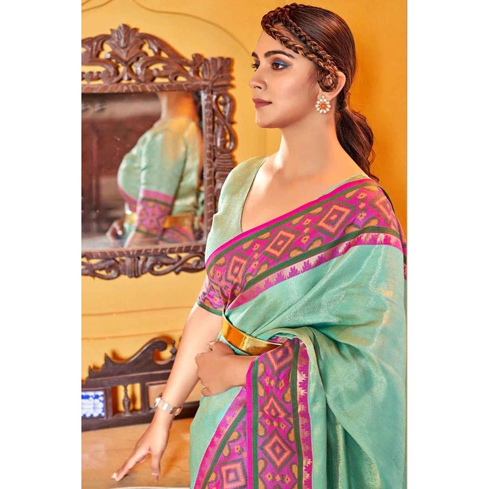 Isadora Life Green Self Design Pre-Draped Saree with Unstitched Blouse