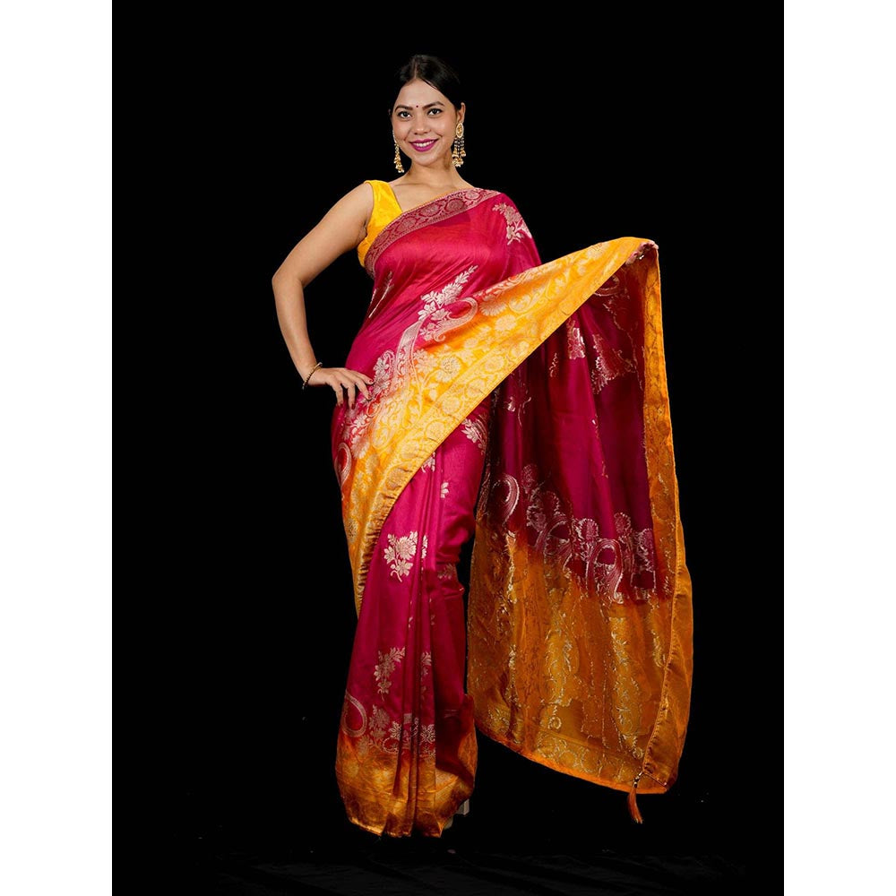 Isadora Life Red Floral Pre-Draped Saree with Unstitched Blouse