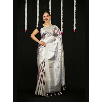 Isadora Life Silver Woven Pre-Draped Saree with Unstitched Blouse