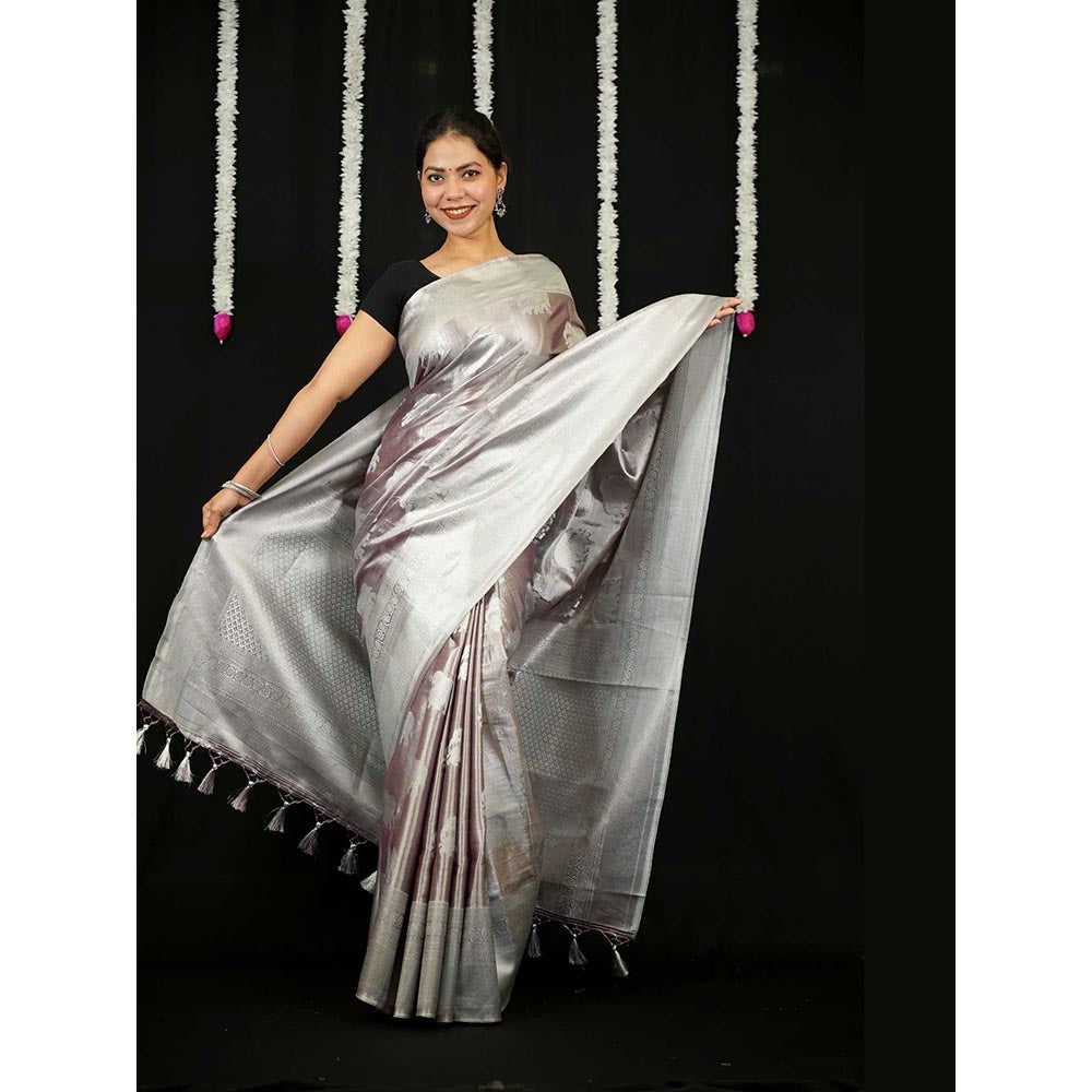 Isadora Life Silver Woven Pre-Draped Saree with Unstitched Blouse