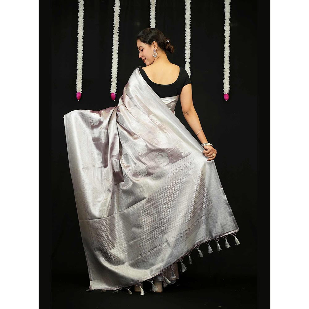 Isadora Life Silver Woven Pre-Draped Saree with Unstitched Blouse