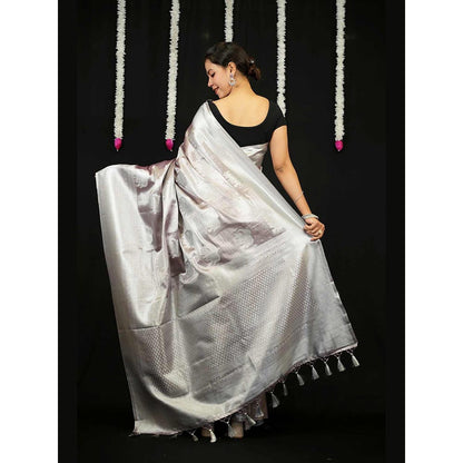 Isadora Life Silver Woven Pre-Draped Saree with Unstitched Blouse