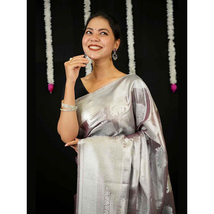 Isadora Life Silver Woven Pre-Draped Saree with Unstitched Blouse