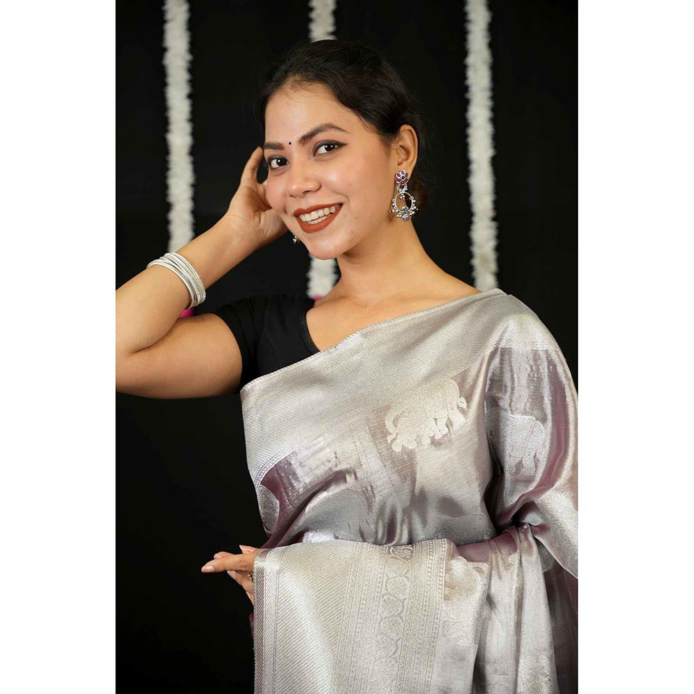 Isadora Life Silver Woven Pre-Draped Saree with Unstitched Blouse