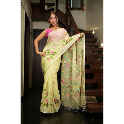 Isadora Life Green Floral Pre-Draped Saree with Unstitched Blouse