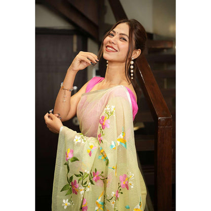Isadora Life Green Floral Pre-Draped Saree with Unstitched Blouse