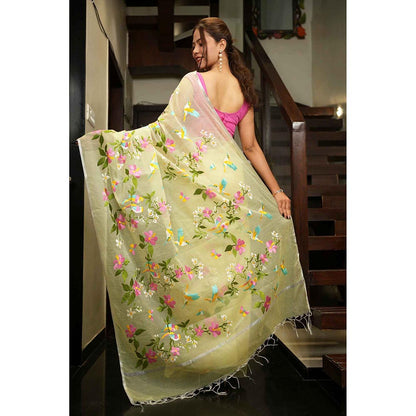 Isadora Life Green Floral Pre-Draped Saree with Unstitched Blouse