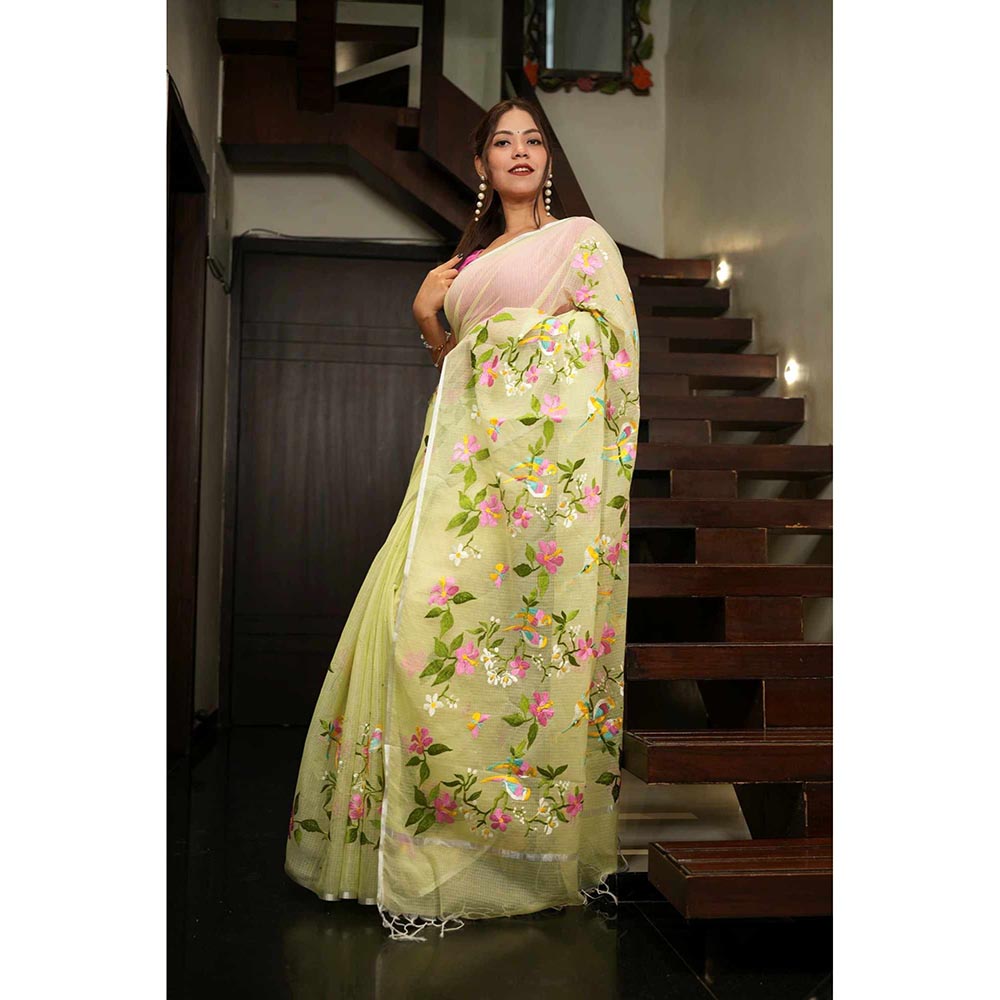 Isadora Life Green Floral Pre-Draped Saree with Unstitched Blouse