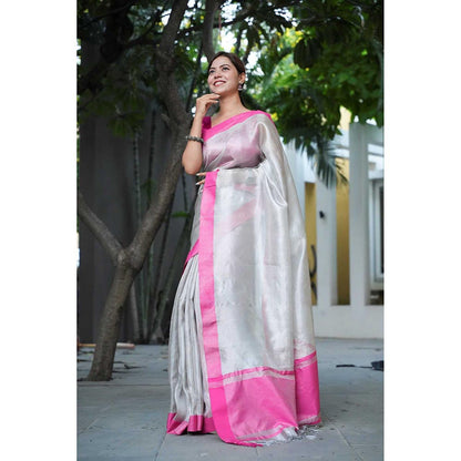 Isadora Life Silver Solid Pre-Draped Saree with Unstitched Blouse