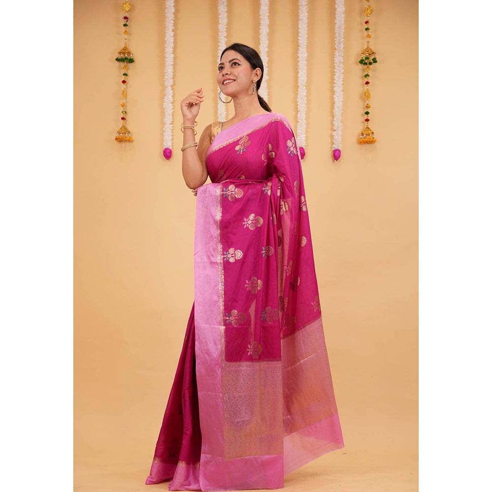 Isadora Life Pink Floral Pre-Draped Saree with Unstitched Blouse