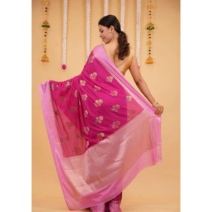 Isadora Life Pink Floral Pre-Draped Saree with Unstitched Blouse