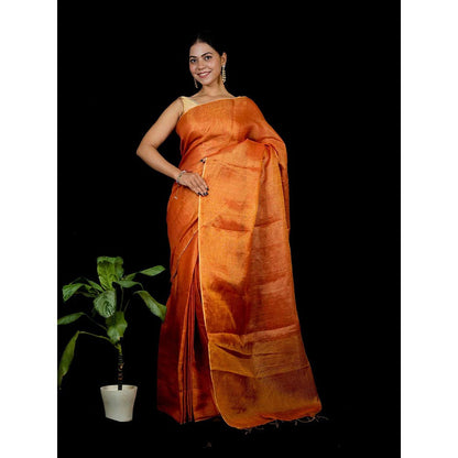 Isadora Life Orange Solid Pre-Draped Saree with Unstitched Blouse