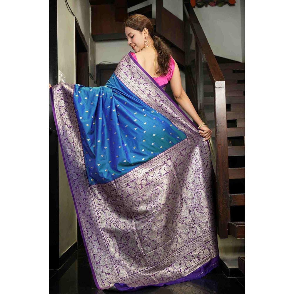 Isadora Life Blue Floral Pre-Draped Saree with Unstitched Blouse